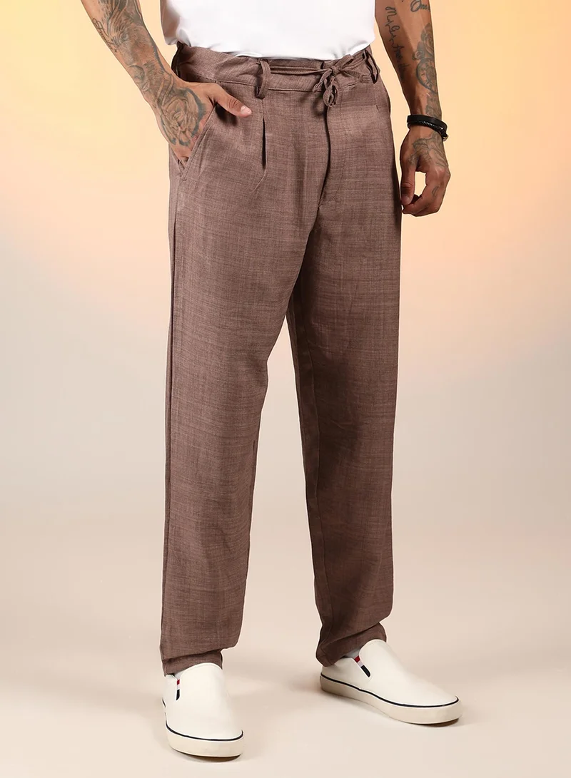CAHOOT  Men's Ash Brown Solid Pleated Trousers For Casual Wear | Mid-Rise | Regular Fit | Drawstring Closure | Trousers Crafted With Comfort Fit For Everyday Wear for Men | Best Price UAE